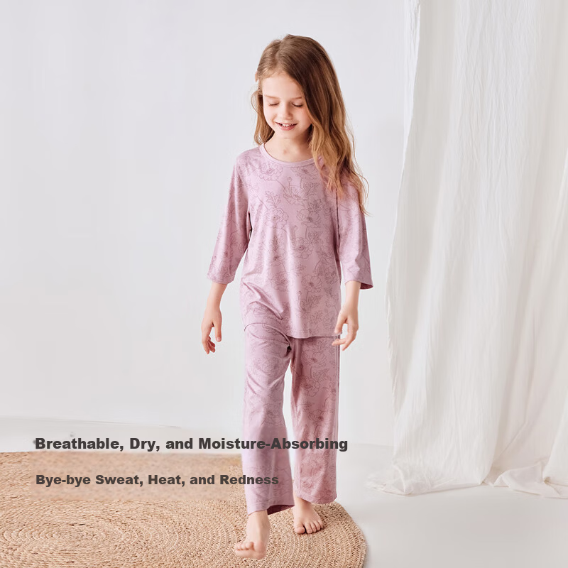 Junejunior [babylove Sub-brand] Girls' Summer Round Neck 3/4 Sleeve Pajama Set Air Conditioning Homewear
