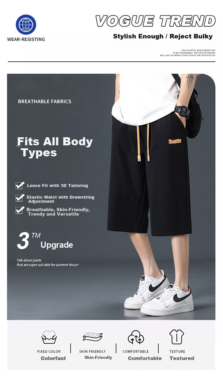 Cotton Casual Men's Loose Sports Trendy Seven-Point Cool Ice Silk Shorts Black XL 4