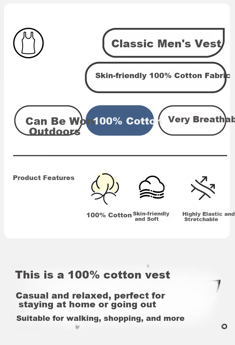 Yiershuang Vest [100% Cotton] Men's High Elasticity Summer Thin Sleeveless Casual Sports Sweat-Absorbing Breathable Base Shirt 1