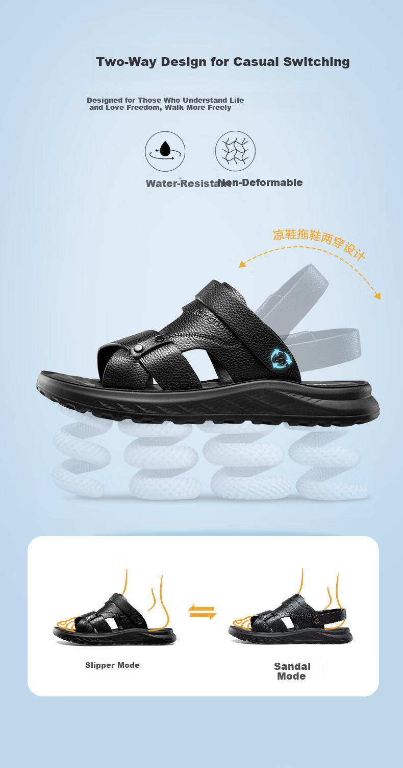 Connie Men's Summer Casual Genuine Leather Cowhide Dual-Wear Soft Breathable Odor-Resistant Beach Sandals Black Size 38 4