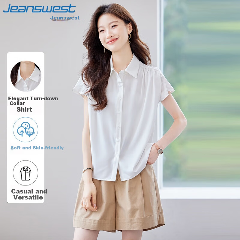 Jeanswest Women's Short Sleeve Shirt Summer Slim Fit Solid Color Professional Formal Collar White M