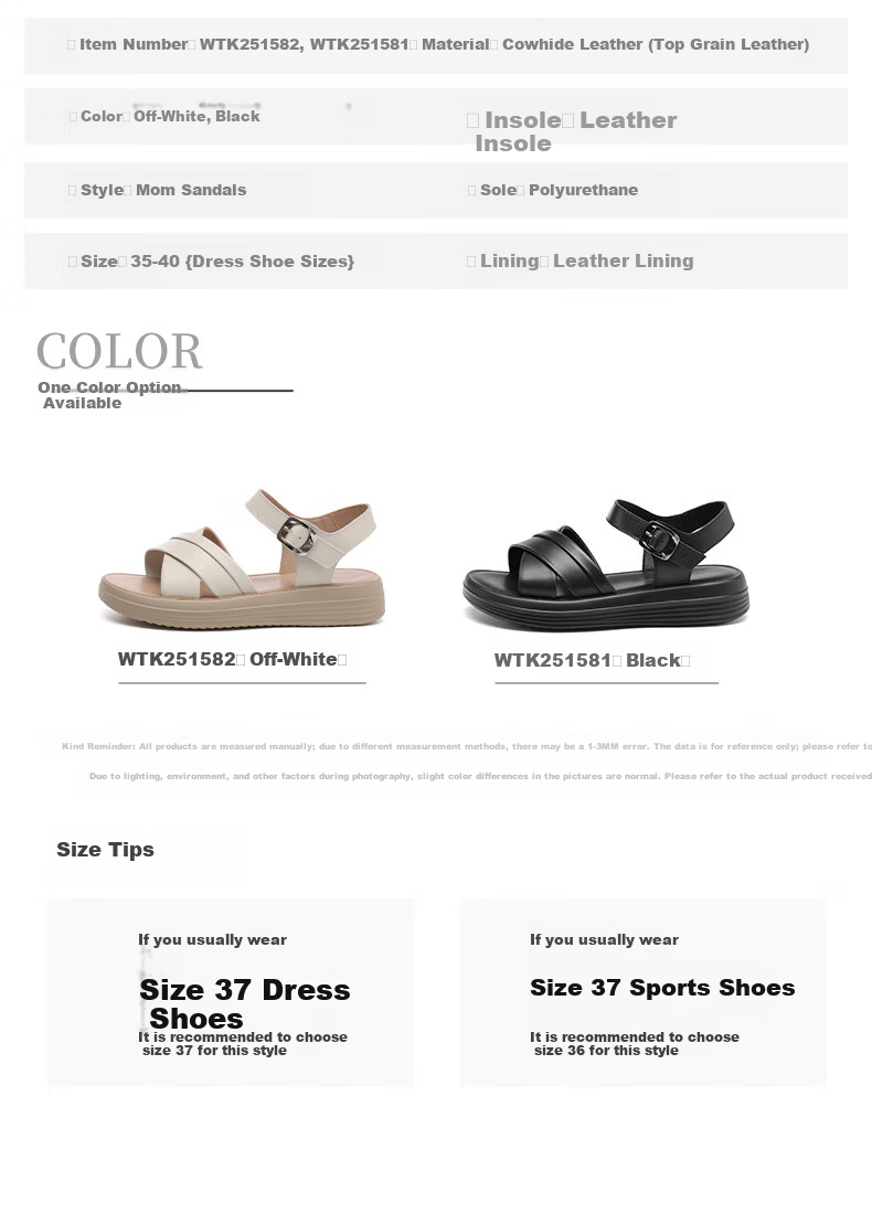 Red Dragonfly Women's Summer Sandals Soft Leather Soft Sole Middle-Aged and Elderly Ladies Mid-Heel Beach Shoes WTK251582 Off-White Size 36 5