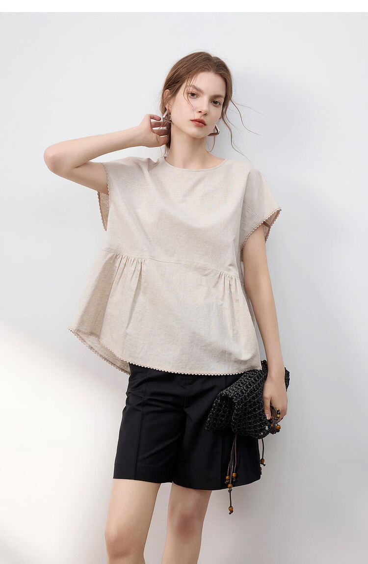 Demana [with Flax Cloud Cotton] Summer Simple Style Round Neck Covered Sleeve Lace Lightweight Loose Slim Shirt for Women Premium 18