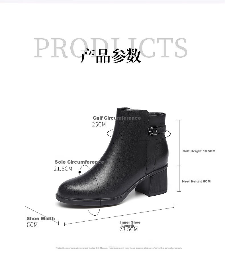 Red Dragonfly Women's Soft Leather Mid-Heel Fleece-Lined Boots, Mid-Aged Thick Heel Leather Boots WFC440981 Black Size 36 6