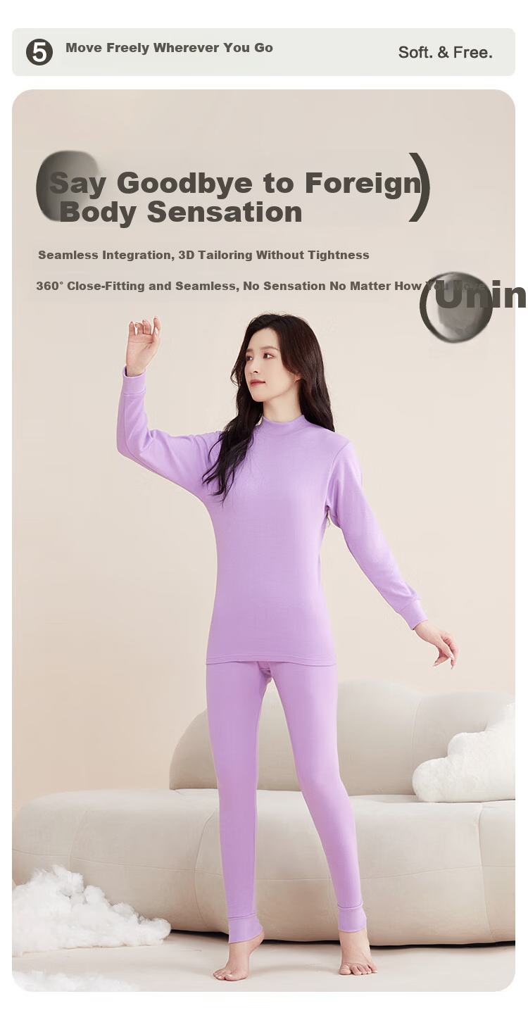 Hodo Home Women's Cotton Thermal Underwear Set Autumn Long Johns Mid-High Collar Basic Warm Base Layer Champagne Color Size 175 4