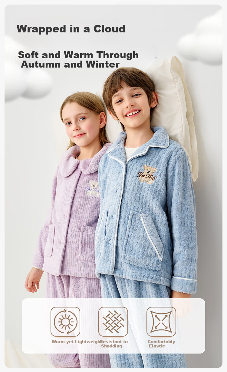 YEEHOO Children's Autumn Winter Fleece Anti-Static Homewear Outerwear Boys Girls Thickened Pajama Set 1