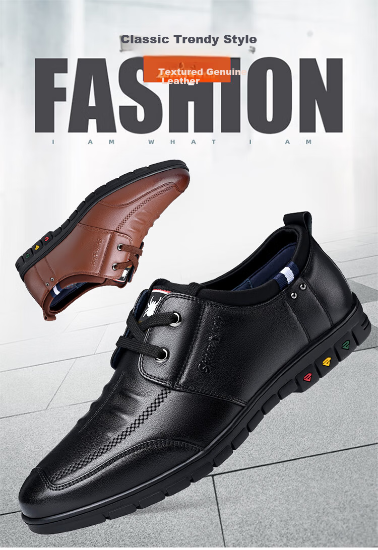 SPIDER KING Men's Korean Style Casual Leather Shoes, Trendy Fashion Lace-up Cowhide Soft Sole, Black, Size 37 1