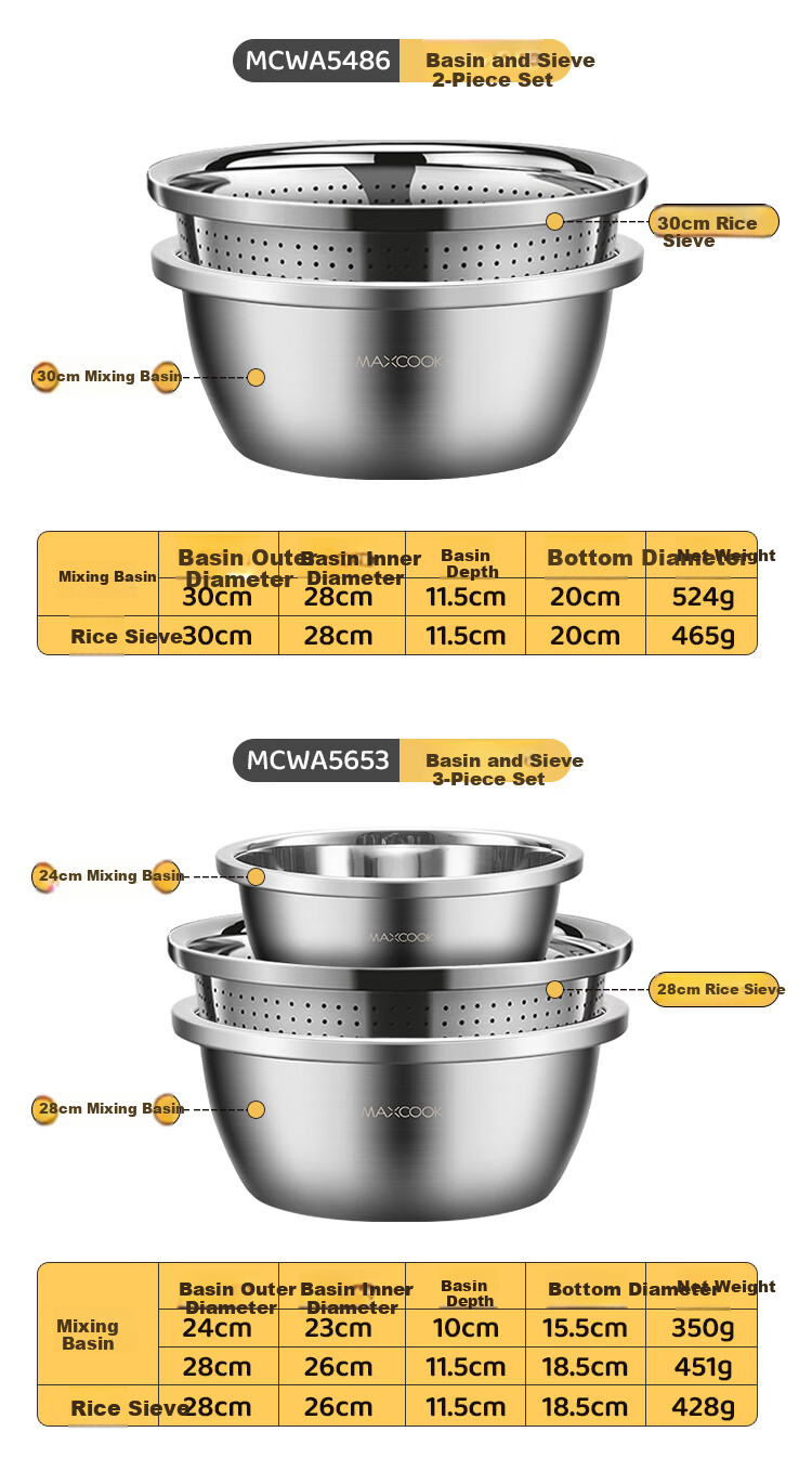MAXCOOK 316L Stainless Steel Bowl and Sieve 3-Piece Set Thickened Seasoning Bowl, Vegetable Washing Bowl, Dough Mixing Bowl, Rice Sieve MCWA5653 11