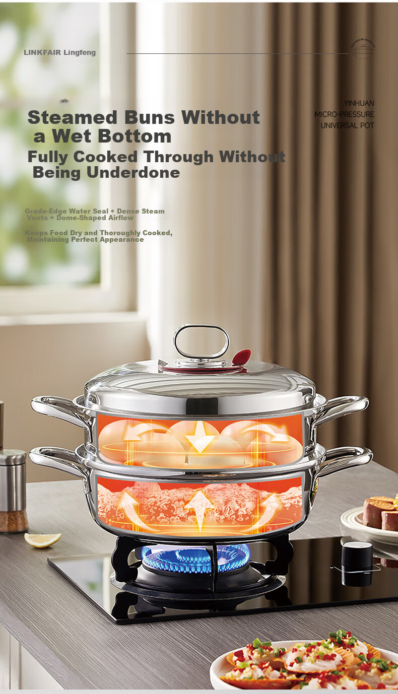 LINKFAIR Stainless Steel Steamer Pot Double-Layer Multi-Function Steaming Boiling Stewing Cooker Compatible with Gas and Induction Cooktops 4