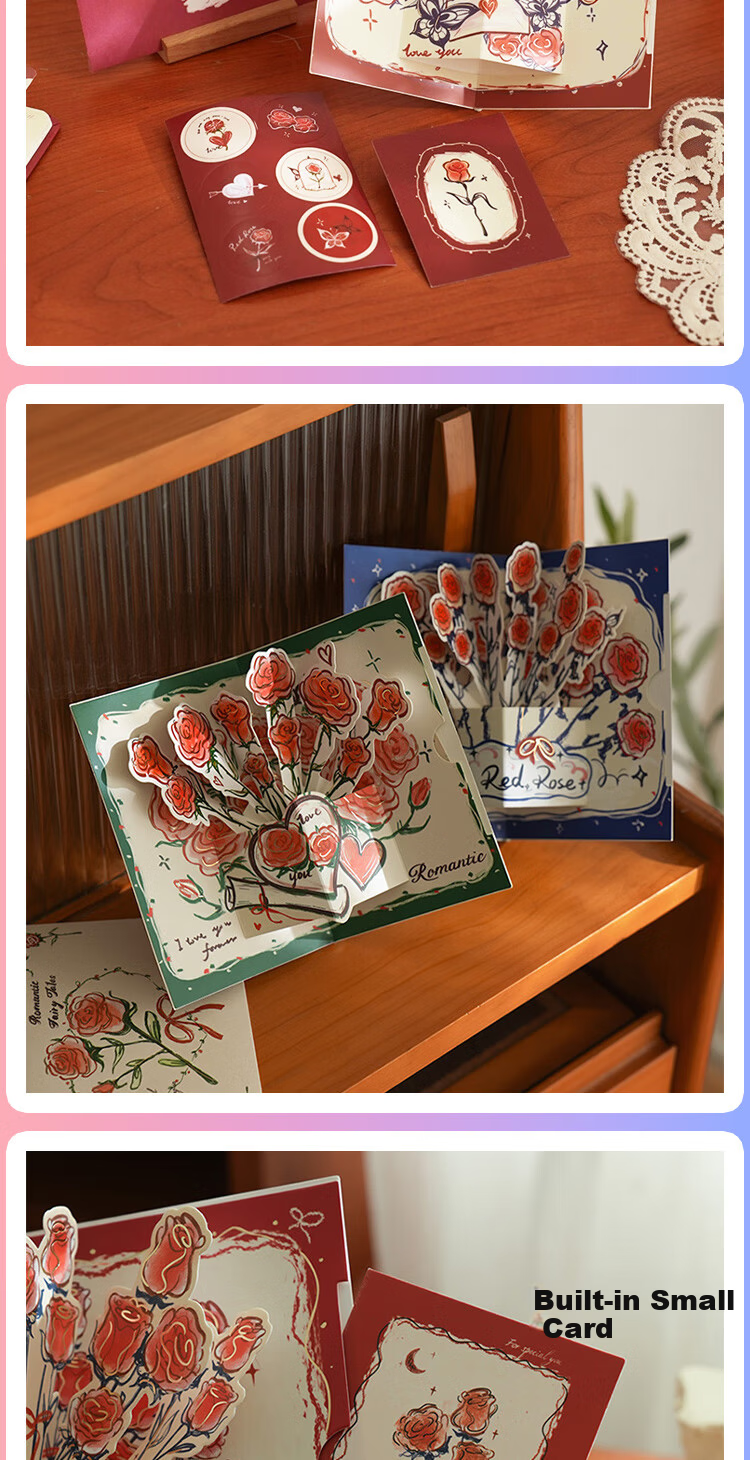 Jufu 3D Pop-Up Greeting Card High-End Foldable Rose Blessing Cute Confession Card Set for Girls Friends Birthday Graduation Anniversary 520 Gift 3