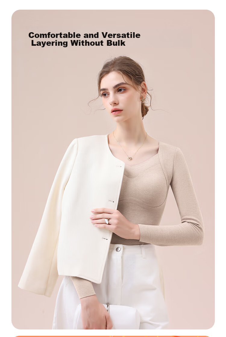 MiiOW Women's Cashmere Silk Thermal Underwear with Chest Pad, Autumn Slim Fit Base Shirt, Nude Color 5