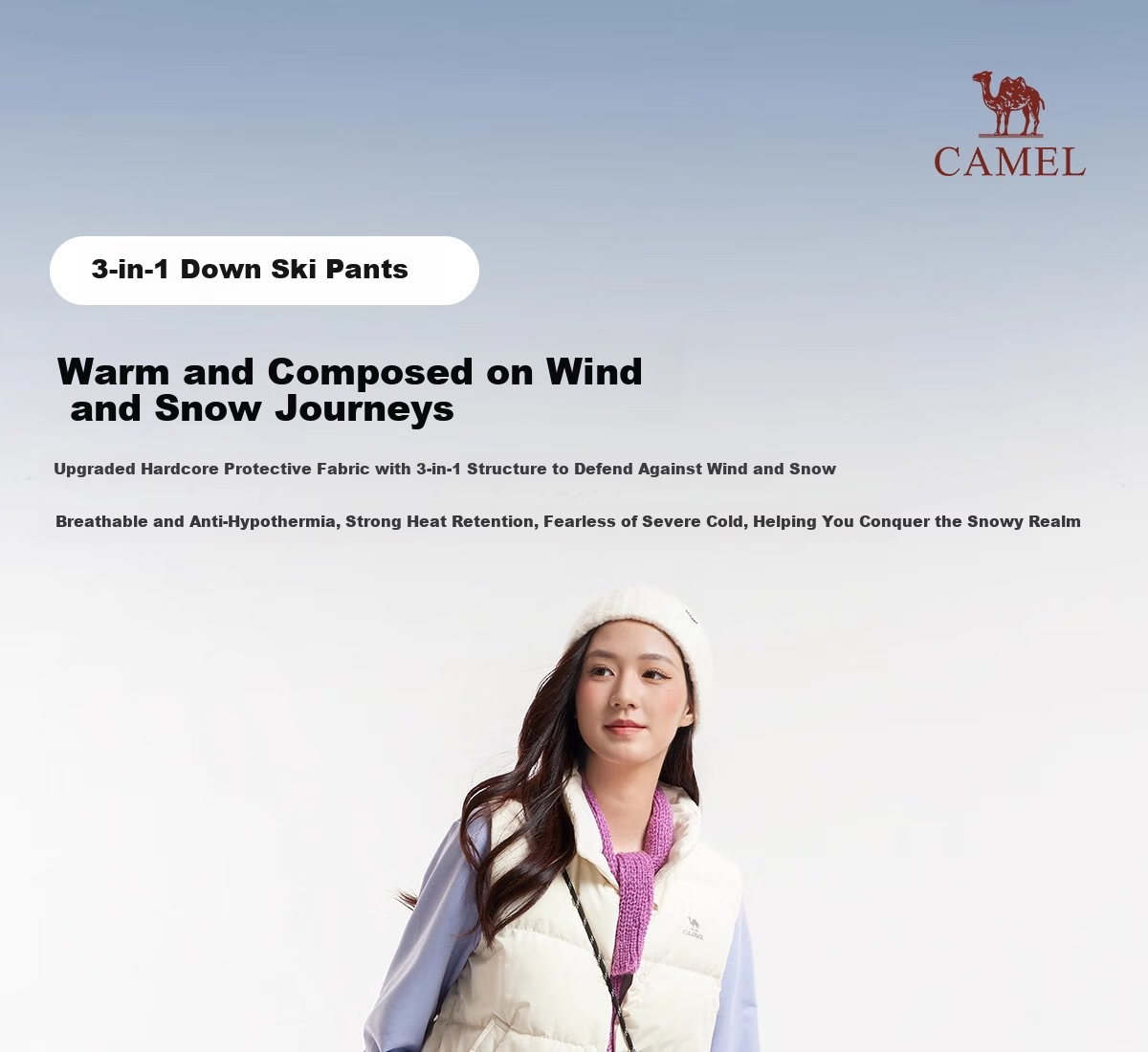 CAMEL Women's 3-in-1 Down Liner Waterproof Breathable Durable Tear-Resistant Hiking Mountaineering Pants Men's 1