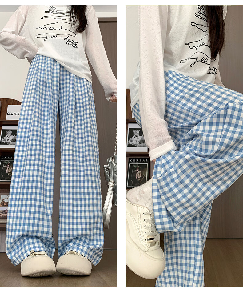 Borui Plaid Casual Pants for Women 2026 New Spring Summer Lightweight Loose Wide-Leg Pants Black XL 22