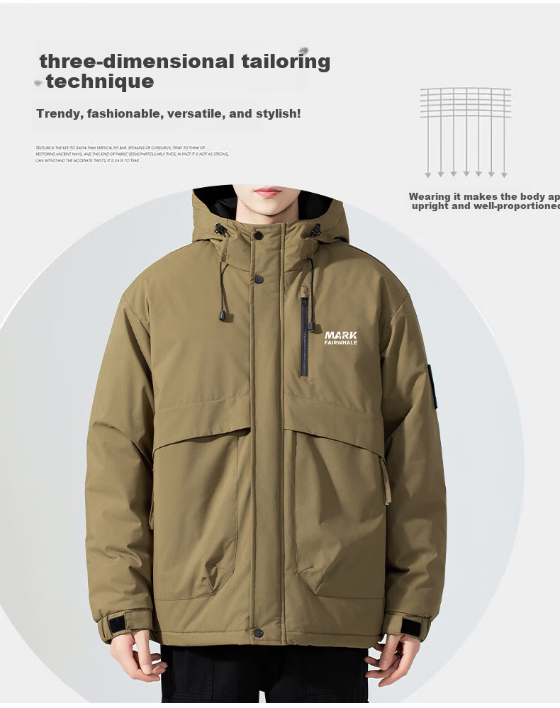 MARK FAIRWHALE Men's Cotton Padded Jacket Autumn Winter Thickened Hooded Coat Warm Puffer Jacket Light Army Green L 1