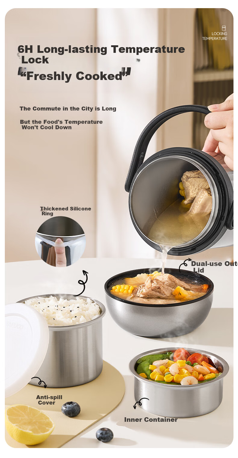 Taful High Insulation Stainless Steel Long-lasting Thermal Lunch Box Portable Porridge Container Multi-layer Bento for Students and Office Workers T0317 6