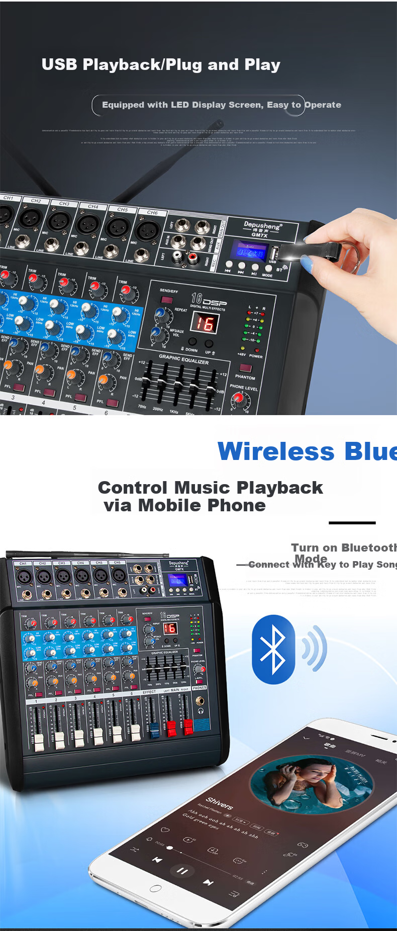 Depusheng GM7X Professional Mixer Amplifier Integrated 6-Channel with Dual Wireless Microphones High-Power Stage Home Karaoke Conference 16 Reverb Effects USB Bluetooth Playback 350W*2 4