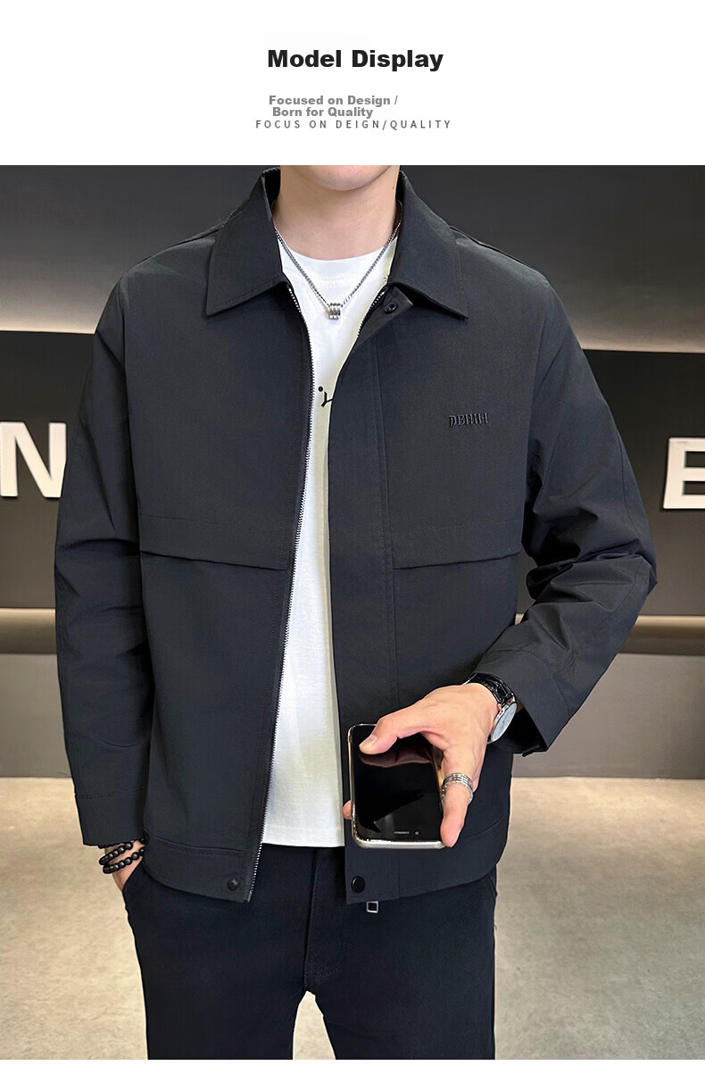 PLAYBOY Men's Spring Autumn Jacket Casual Outdoor Windproof Lapel Coat Black L 8