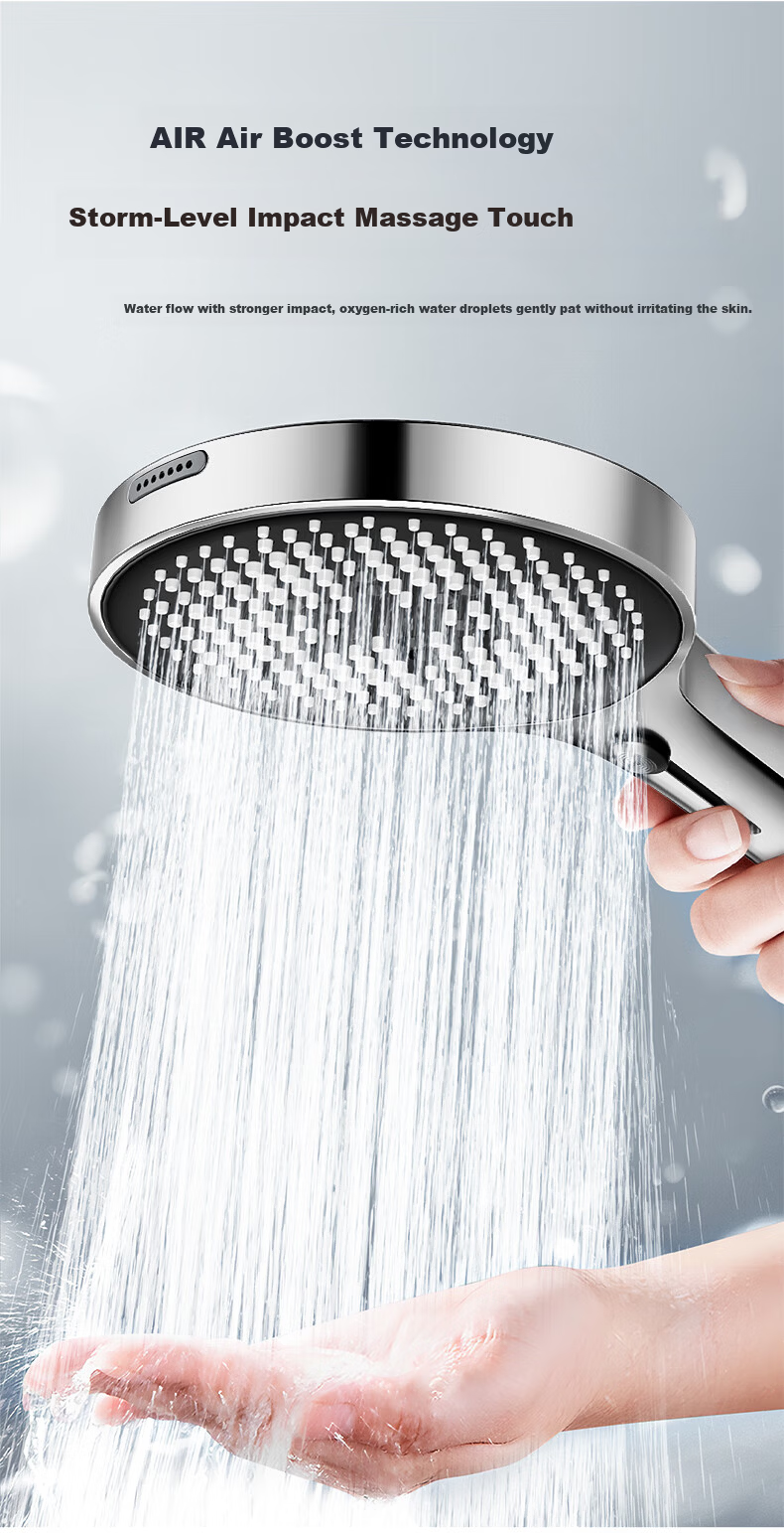 SUPOR Turbo Powerful Pressurized Handheld Shower Head Large Water Flow with Spray Gun Infinite Adjustment Silver S 7