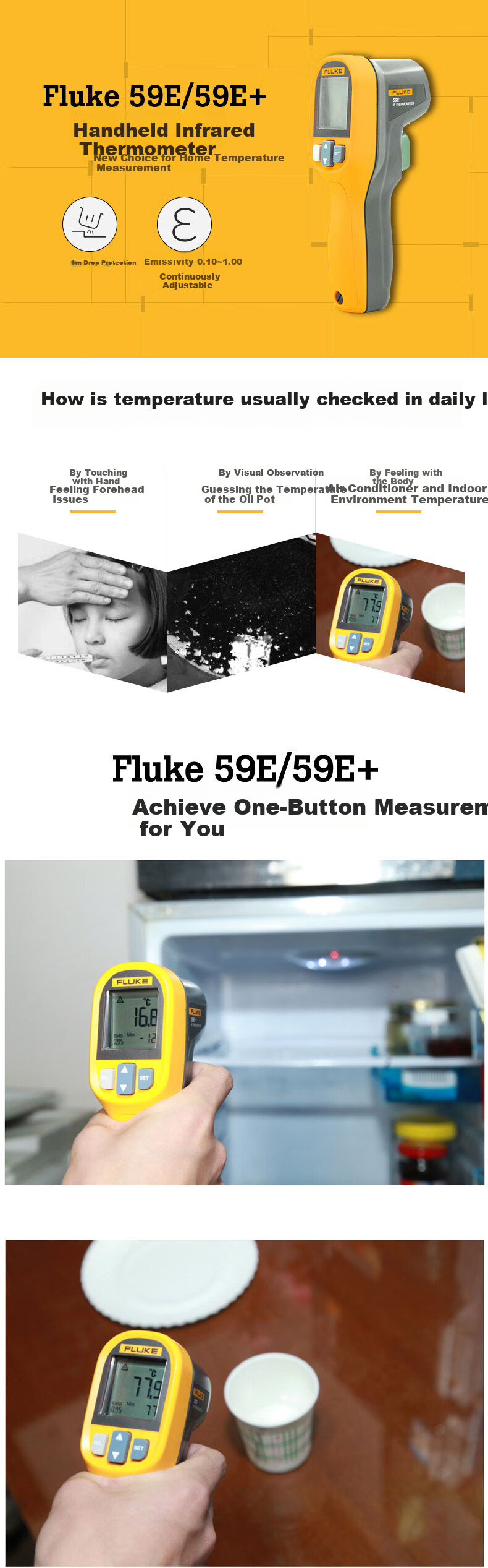 FLUKE 59E+ Non-Contact Handheld Infrared Thermometer -30 to 400℃ Industrial Temperature Gun 1