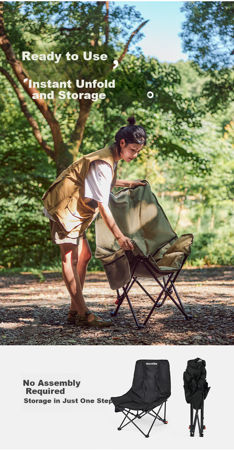 Naturehike Starfish Outdoor Camping Folding Chair Recliner Fishing Chair Beach Chair Portable High Back Moon Chair Black 9