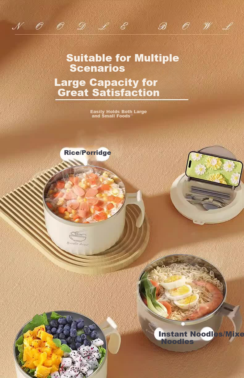 KATEI STORY Japanese 304 Stainless Steel Draining Instant Noodle Bowl Large Capacity Dormitory Student Covered Bowl with Handle Insulated Lunch Box 18