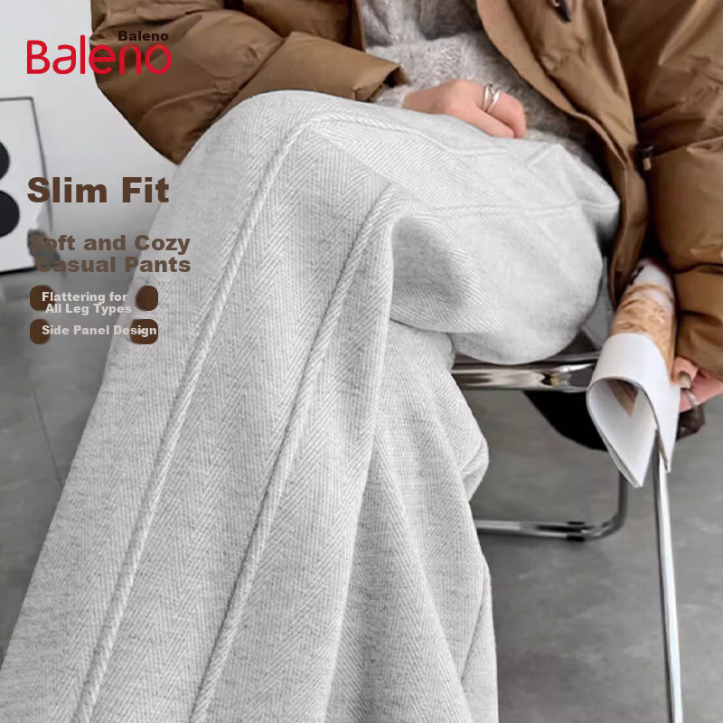Baleno Herringbone Wide-Leg Pants Women Spring Autumn 2026 New Woolen Split Pants Casual Straight Narrow Trousers