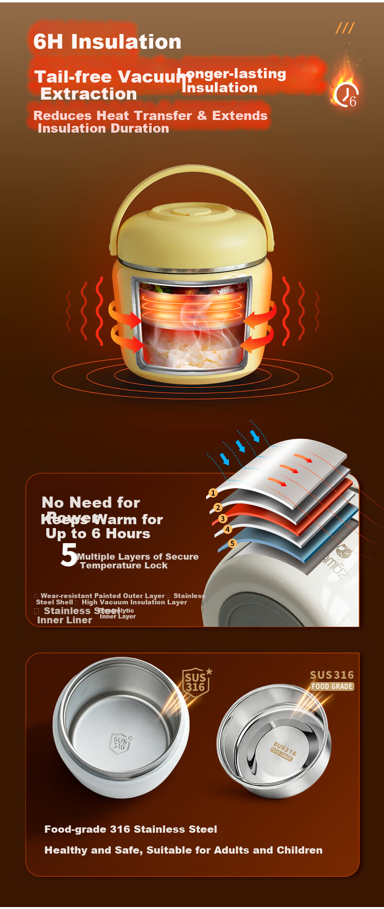 CAMUZ Insulated Lunch Box 316 Stainless Steel Double Layer Large Capacity Portable Thermal Container for Office Workers and Students SE-YT 3