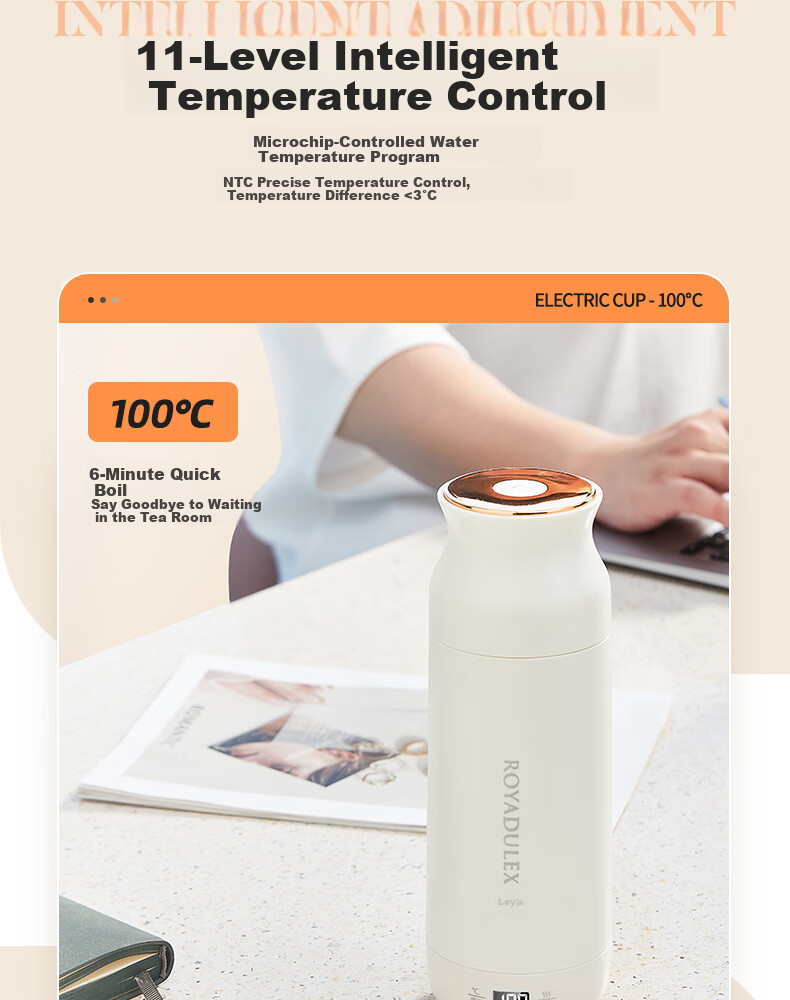 ROYALTY LINE Portable Electric Water Heater Cup Small Electric Kettle Travel Electric Cup Smart Thermostat 304 Stainless Steel Kettle 0.45L 16