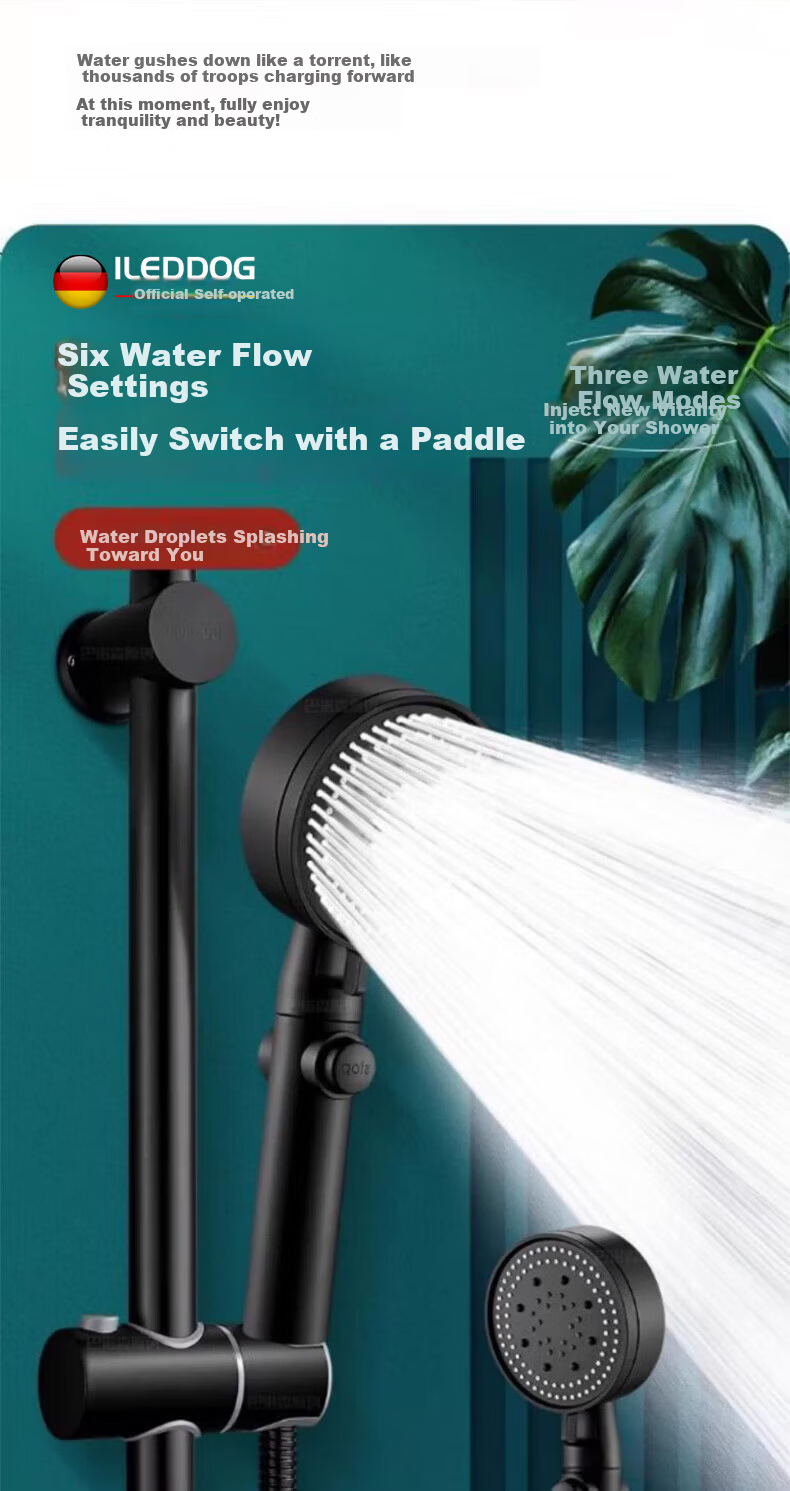 ILeddog [Germany] High-Pressure Shower Head Booster Powerful Water Flow Bathroom Shower Hose Set HL-001 10