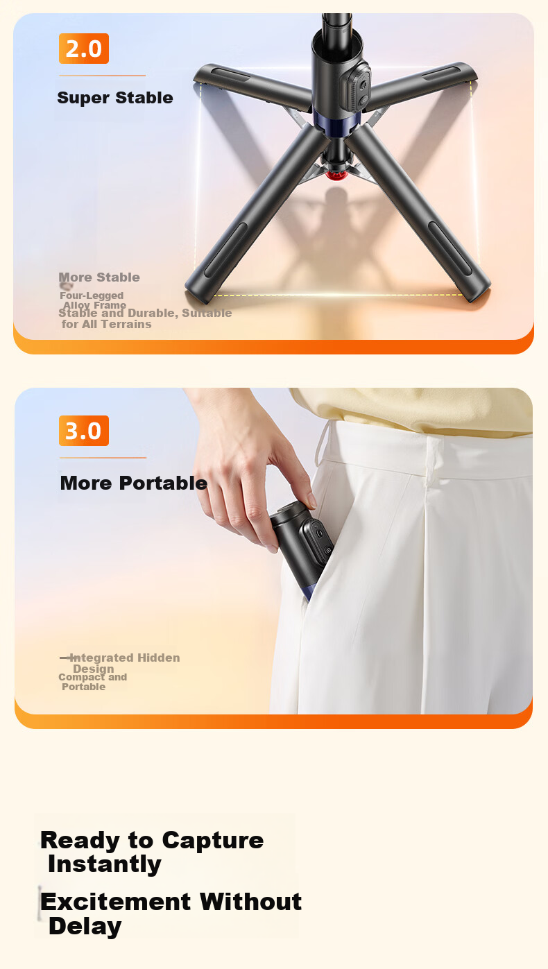 Shuotuo [Hot Sale 500K+ Units] Mobile Phone Selfie Stick Tripod Travel Compact Portable Mini Phone Holder Floor-Standing Hidden Integrated Travel Selfie Tool 5