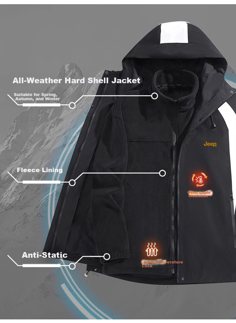 JEEP Men's Outdoor 3-in-1 Windproof Mountaineering Jacket Casual Men's Jacket 5