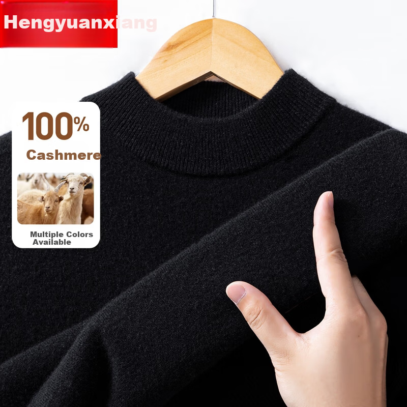 Hengyuanxiang Men's 100% Pure Cashmere Sweater Autumn Winter Half Turtleneck Knitted Warm Red Thick Woolen Pullover