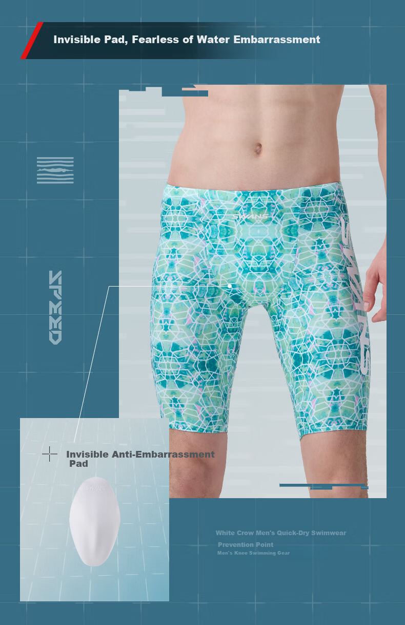 SWANS Men's Five-Point Professional Quick-Dry Knee-Length Swim Trunks Chlorine-Resistant Anti-Embarrassment Swimming Shorts 257 Glossy Green XL 5