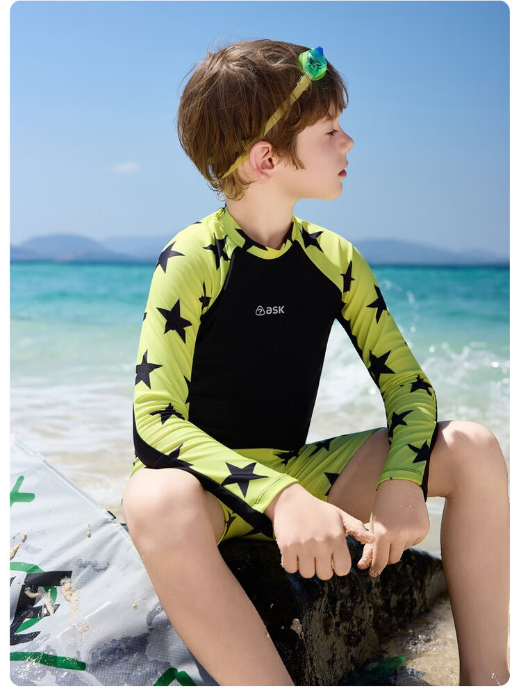 ASK JUNIOR 【Sun Protection and Chlorine Resistant】Children's Long Sleeve Swimsuit with Swim Cap, Two-Piece Boys' Training Set with Separate Shorts for Older Kids 13