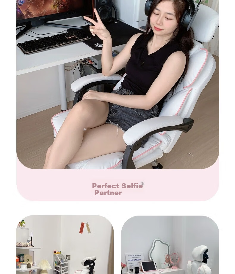 Qianxihuafu Computer Chair Gaming Chair for Women's Bedroom Home Use Comfortable Ergonomic Chair with Backrest for Long Sitting, Pure Gray 26