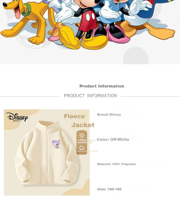 Disney Kids Fleece Zip-Up Jacket Autumn Winter New School Uniform Essential Warm Casual Girls Coat 1