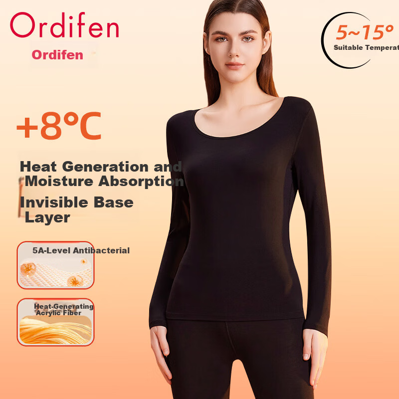 Ordifen Antibacterial Seamless Modal Thermal Underwear Set for Women, Autumn Heat-Retaining High Elasticity Black M