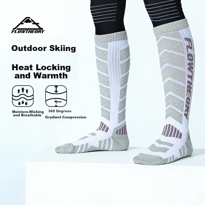 Flow Theory Ski Socks Unisex Autumn Winter Outdoor Thickened Cold-Resistant Warm High Tube Socks Gray Base Black Letters Size L