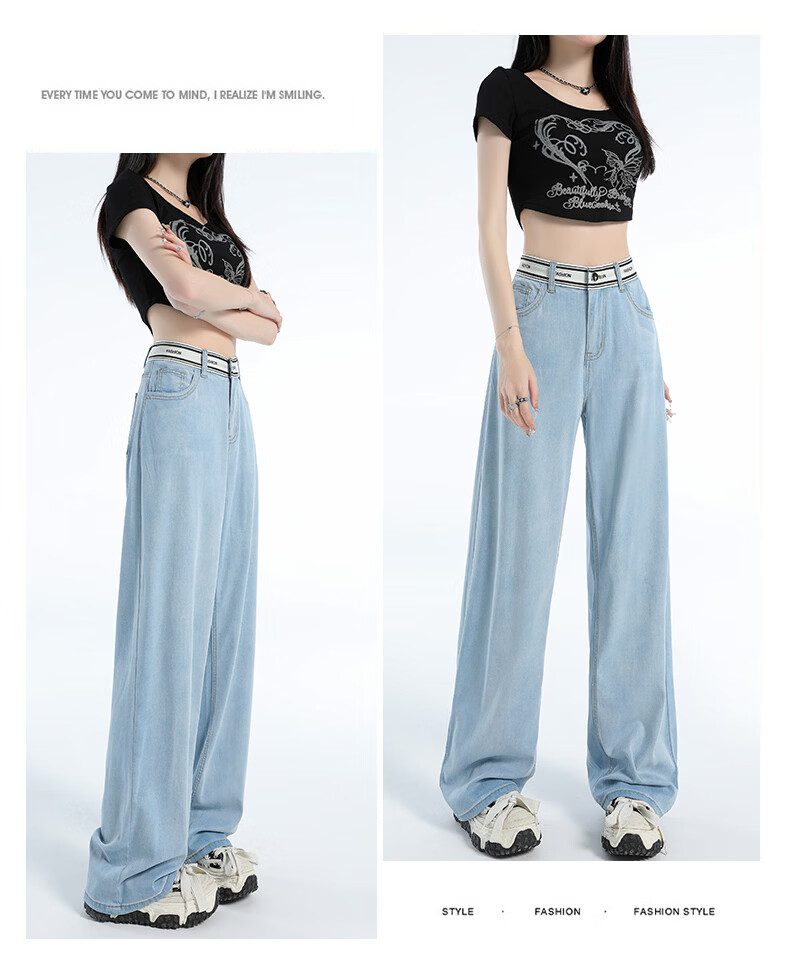 Jeanswest Women's Summer 2026 Tencel Lightweight Wide-Leg Straight Loose Fit Denim Pants Dark Blue XL 25
