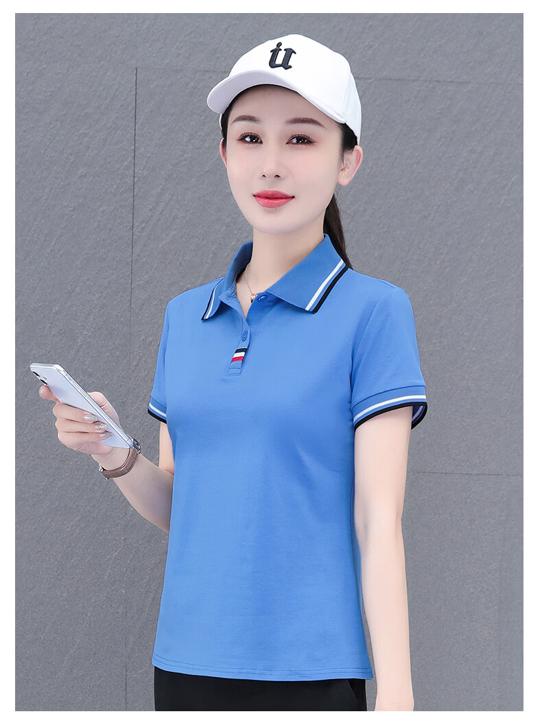 Woodpecker Women's Polo Shirt Short Sleeve T-Shirt Summer New Pure Cotton Regular Shoulder Turn-down Collar Casual Plus Size Slim Fit Top Gray M 22