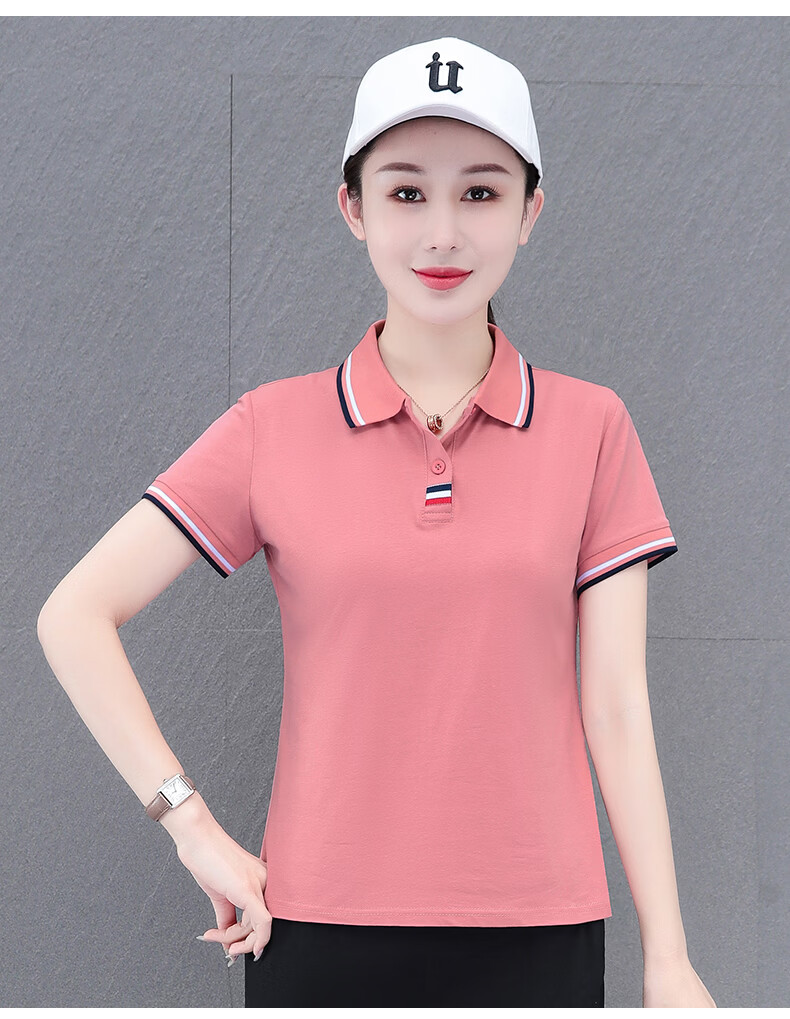 Woodpecker Women's Polo Shirt Short Sleeve T-Shirt Summer New Pure Cotton Regular Shoulder Turn-down Collar Casual Plus Size Slim Fit Top Gray M 23