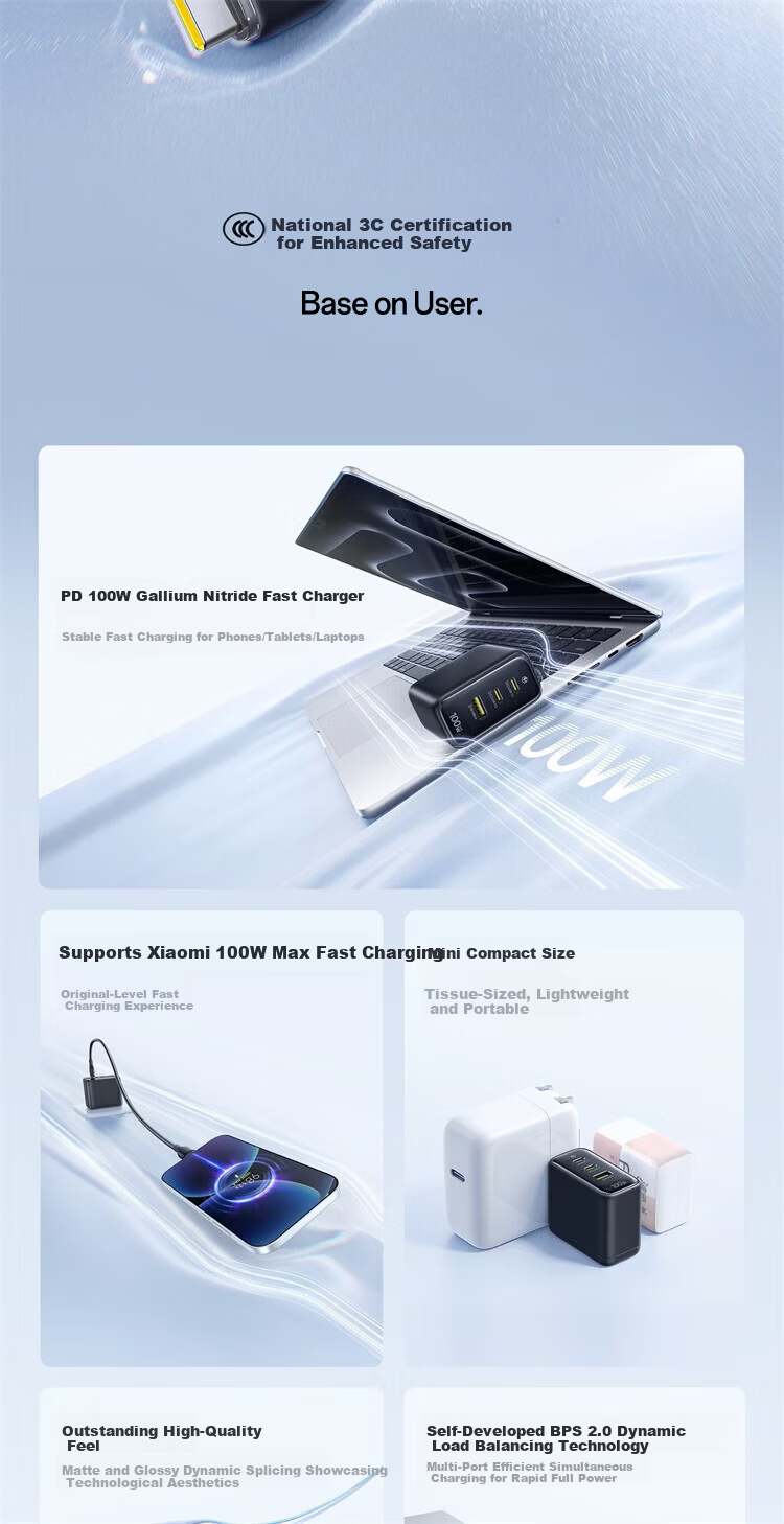Baseus Little Ice GaN Charger 100W High Power Fast Charger for Apple 17 Xiaomi Huawei Phones MacBook Neo Laptop Adapter Blue 2