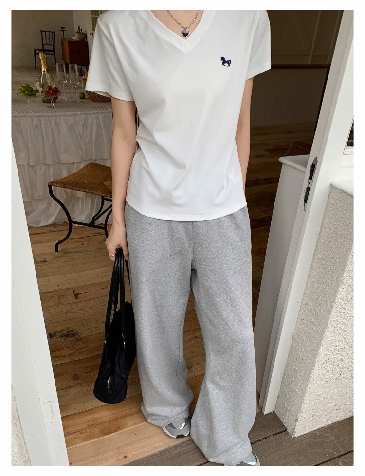 ICH MODE Women's V-Neck Pony Embroidered Short Sleeve T-Shirt Summer Tee 2026 New Slim Fit Top Heather Gray L 8