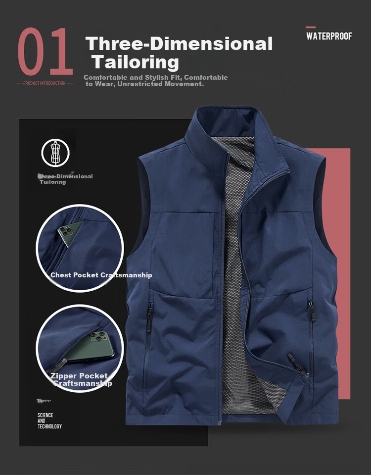 JEEP SPIRIT Men's Outdoor Casual Quick-Dry Vest Breathable Simple Stand Collar Photography Jacket Black L 4