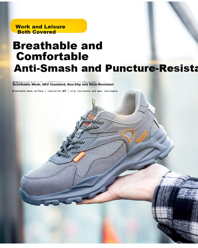 Pinzhide Men's Labor Protection Shoes Metal-Free Plastic Steel Toe Anti-Smash Anti-Puncture Safety Shoes Electrician Insulated 6KV Breathable Non-Slip Work Shoes Gray Size 42 1