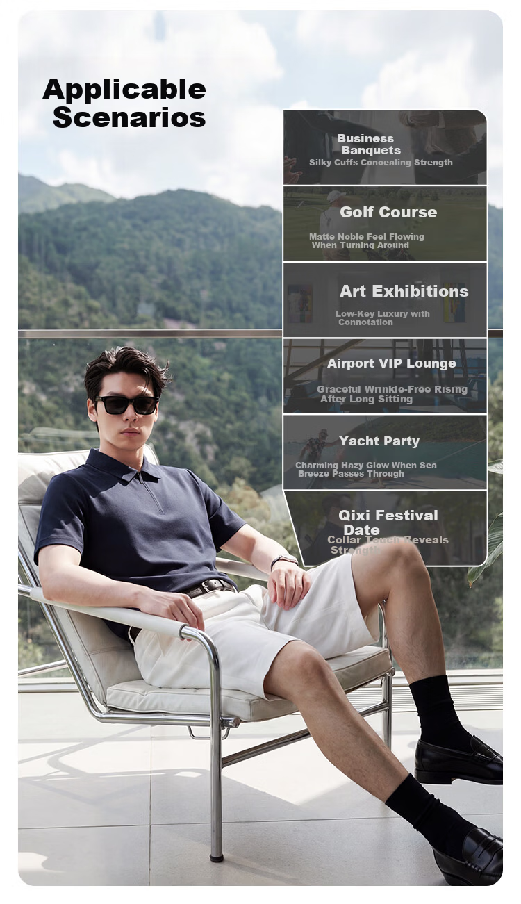 JD Jingzao Mulberry Silk Men's Polo Shirt Short Sleeve High-End T-Shirt Spring Summer Cool Business Casual Elegant Black Zipper M 5
