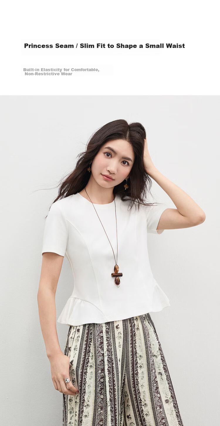 Shangdu Bila Gentle Pure Cotton Short Sleeve T-Shirt Women Spring Summer Simple Round Neck Split Design Slim Fit Top Youthful Temperament Layering 7