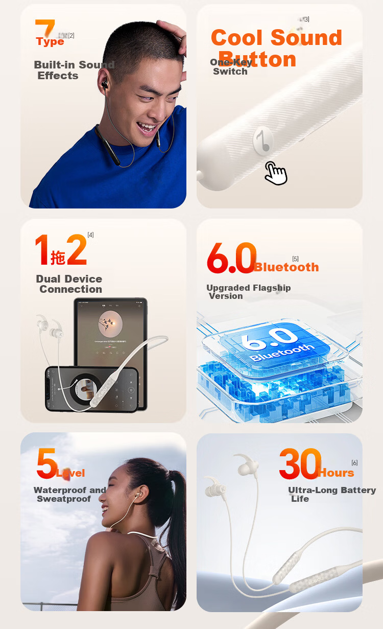 KUGOU M3pro New [30-Hour Long Battery + 7 Custom Sound Effects] Bluetooth 6.0 Neckband Wireless Music Sports Running Gaming Noise-Cancelling Earphones 4