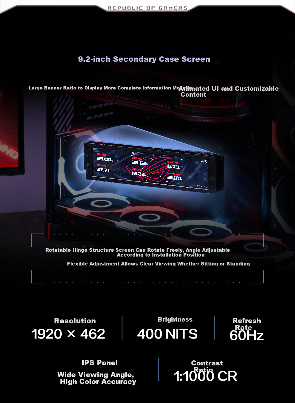 ASUS ROG Phantom Gaming Case Deluxe Edition Right-Angle Tempered Glass 9.2-Inch Display Module Rotatable Fan Bracket GR801 6