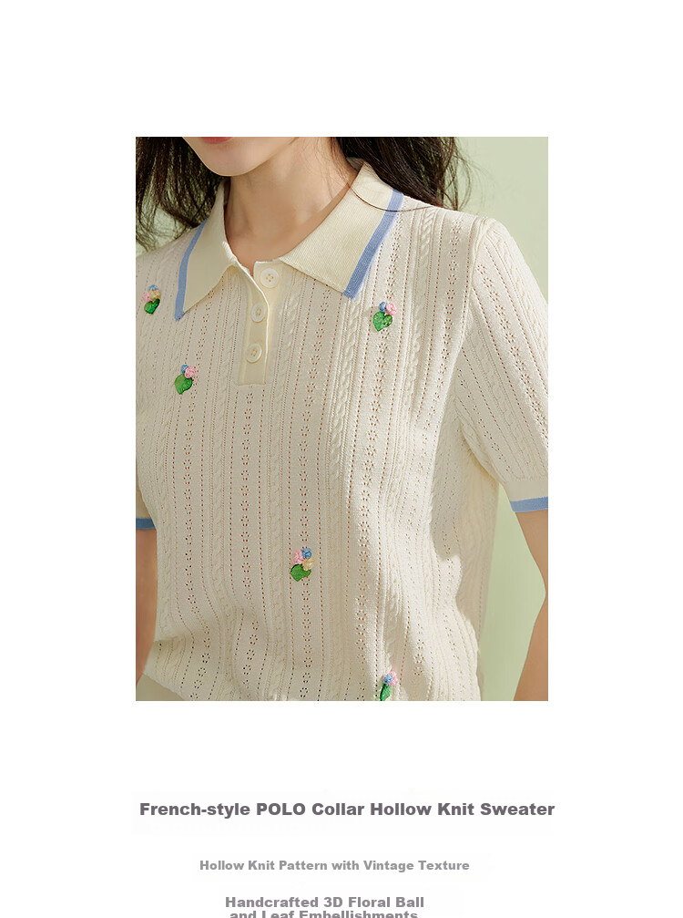 Inman French Style Hollow Out Thin Knitwear 2026 Summer New Women's 3D Flower Short Sleeve Top Cream White L 1